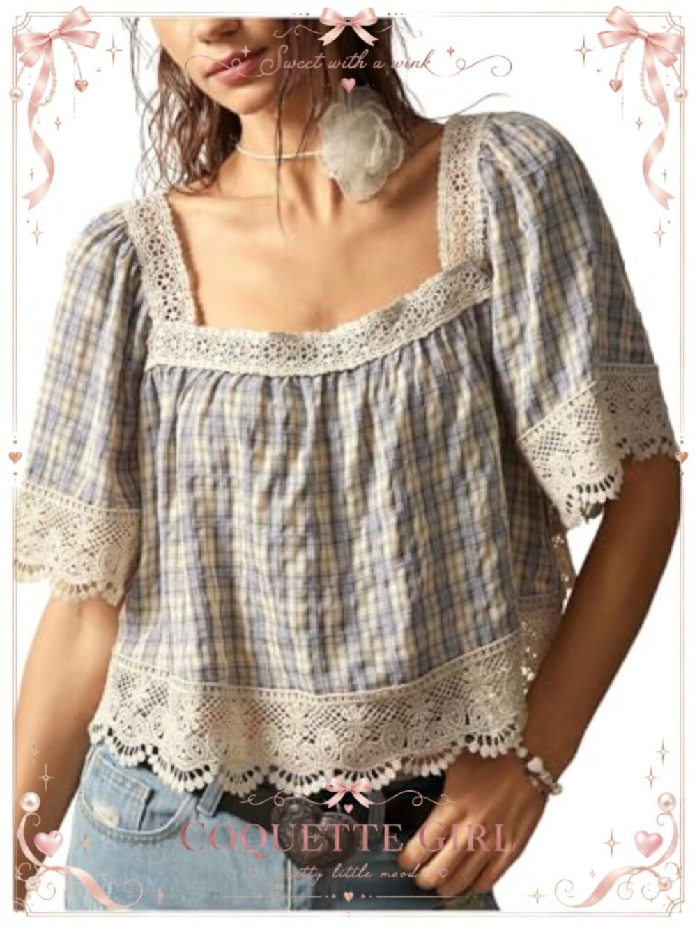 Plaid Crochet Lace Square Neck Crop Top Peasant Blouse